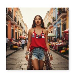 new LF Furst of a Kind ✌︎︎ OOAK Vintage Upcycled Tee T Shirt Halter Top ✌︎︎ Red